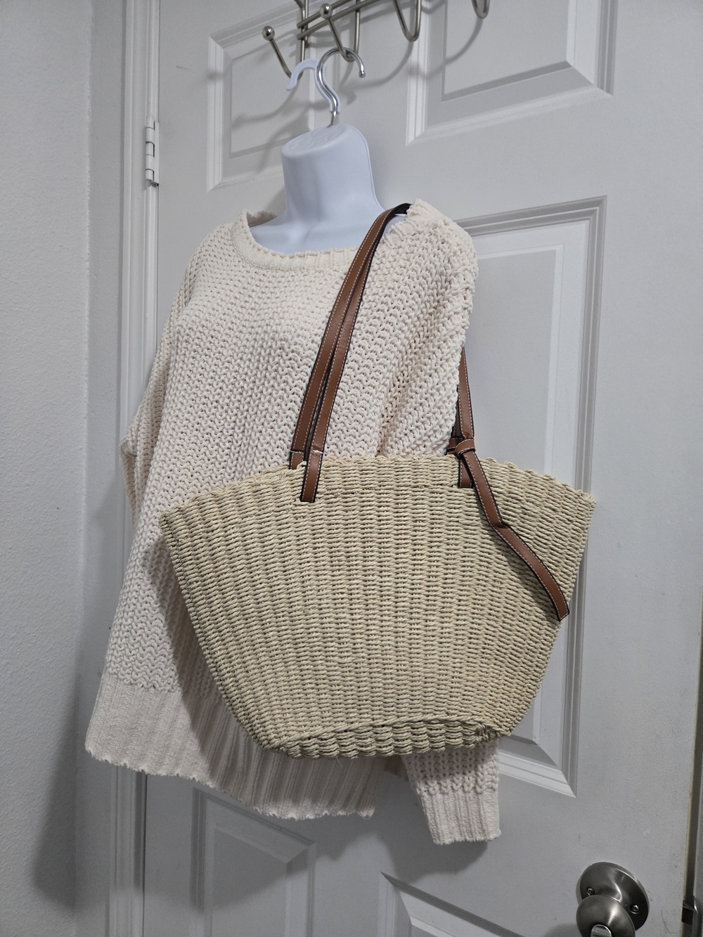 Woven Straw Tote Bag with Brown Handles - Cream